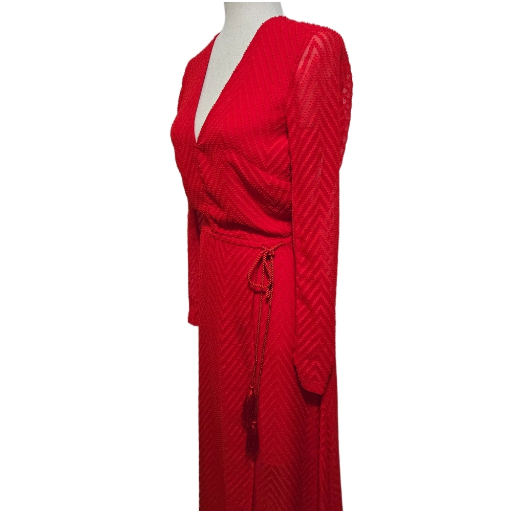 H&M Red Maxi Dress Sheer Textured Chevron Katy Perry Holiday Collection Size 4 - Picture 6 of 15